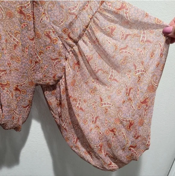 Zara Sheer Paisley Blouse Medium Boho Balloon Sleeve Button Front Top - Picture 6 of 10